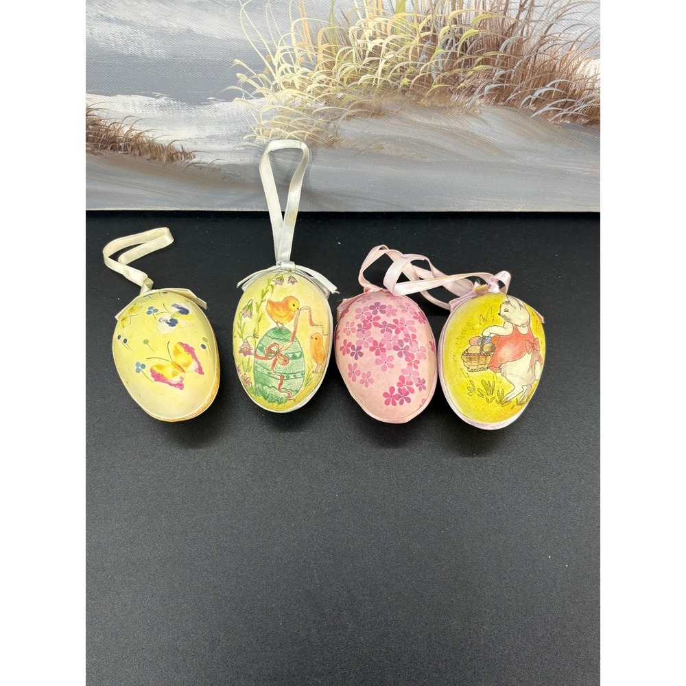 Vintage Style Pressed Paper Easter Egg Ornaments Set of 4 Bunny Chicks Floral